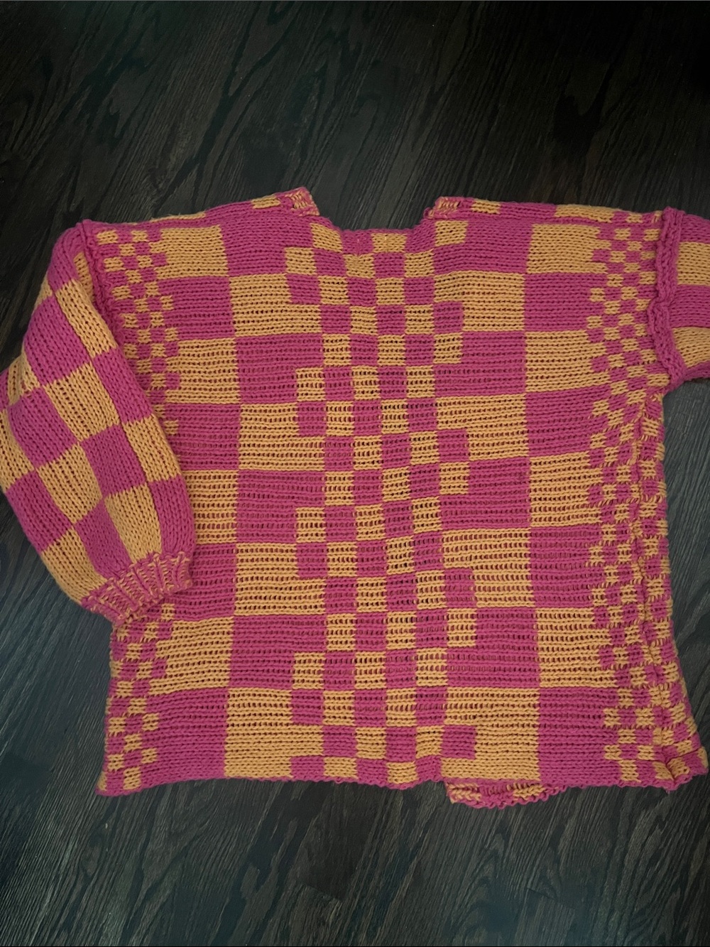 BiBi Pink & Burnt Orange Checkered Chunky Knit Cardigan oversized size S - Picture 7 of 7